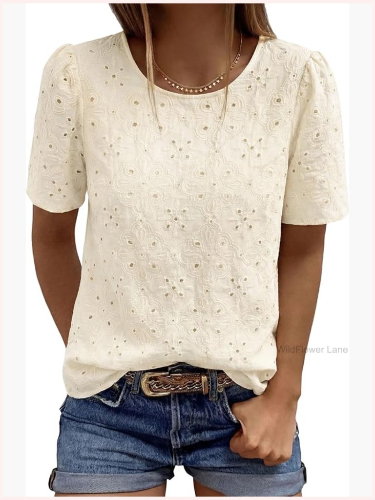 Embroidered Eyelet Blouse Puff Short Sleeve Dressy Casual Tunic Top